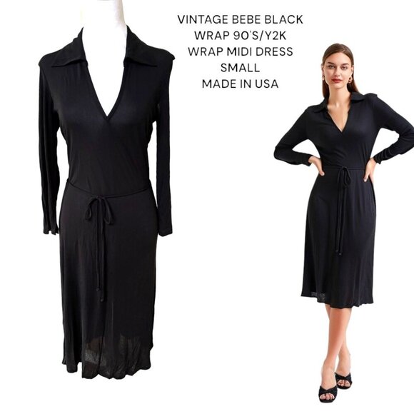 Y2K‎ 90'S STYLE VINTAGE BEBE BLACK SLIP MIDI WRAP DRESS SMALL MADE IN USA - Picture 1 of 5